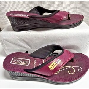 lndus faux leather upper red‎ girl slip on wedges flip flops Sz 9